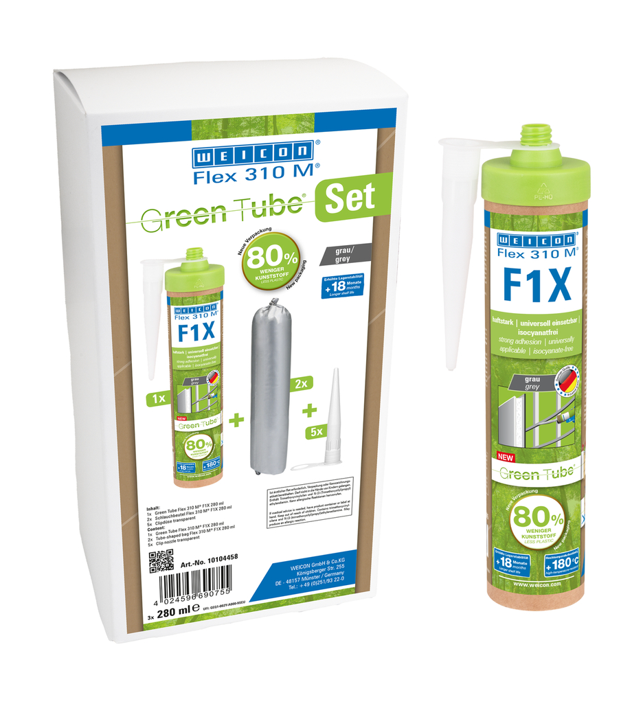 Flex 310 M® F1X Green Tube | Adesivo e vedante à base de polímeros MS com uma aderência inicial muito elevada, resistente a temperaturas até +180°C