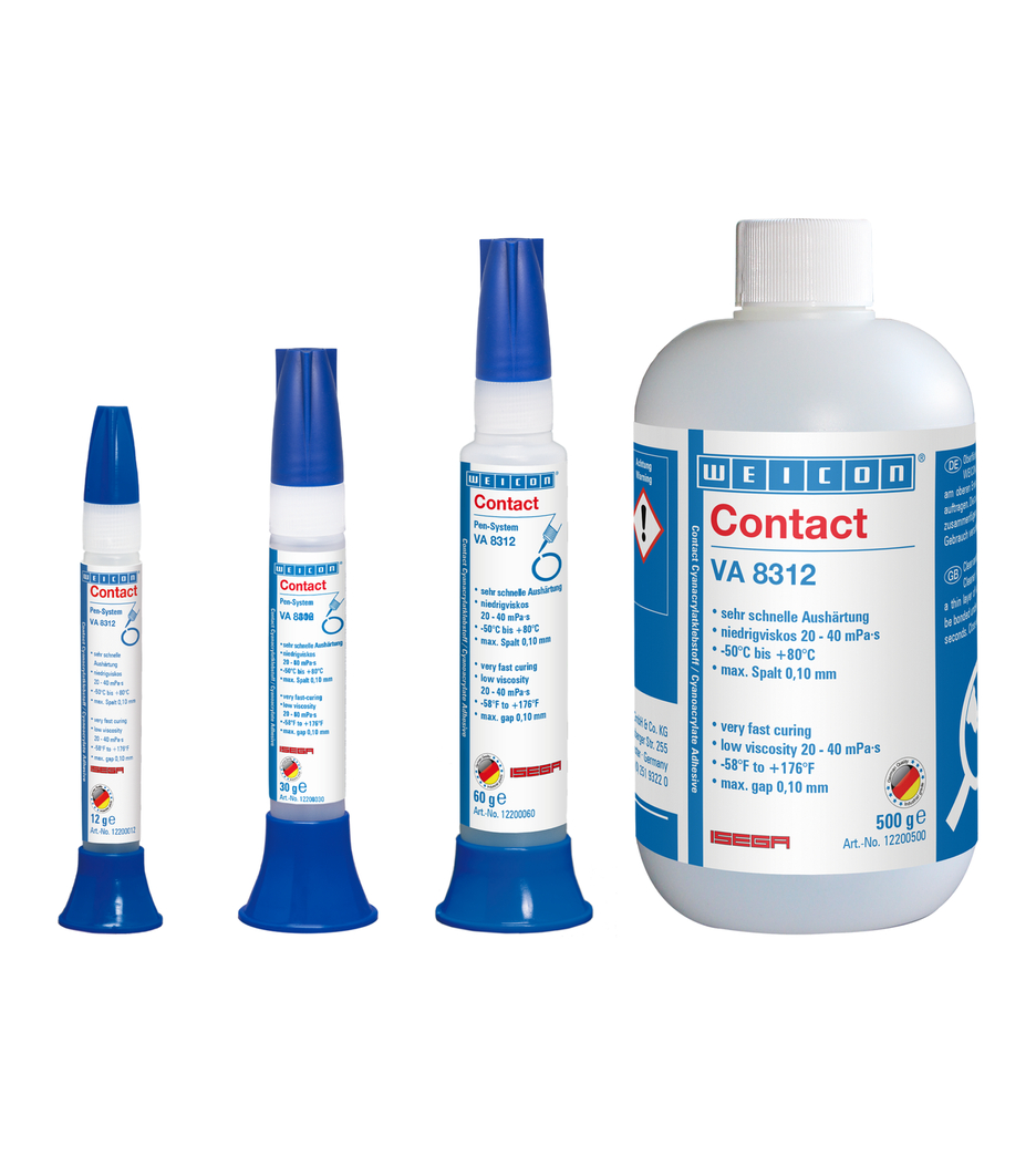 Adesivo Cianoacrilato WEICON Contato VA 8312 | adesivo instantâneo para o plástico e a borracha, com certificado para o setor alimentar