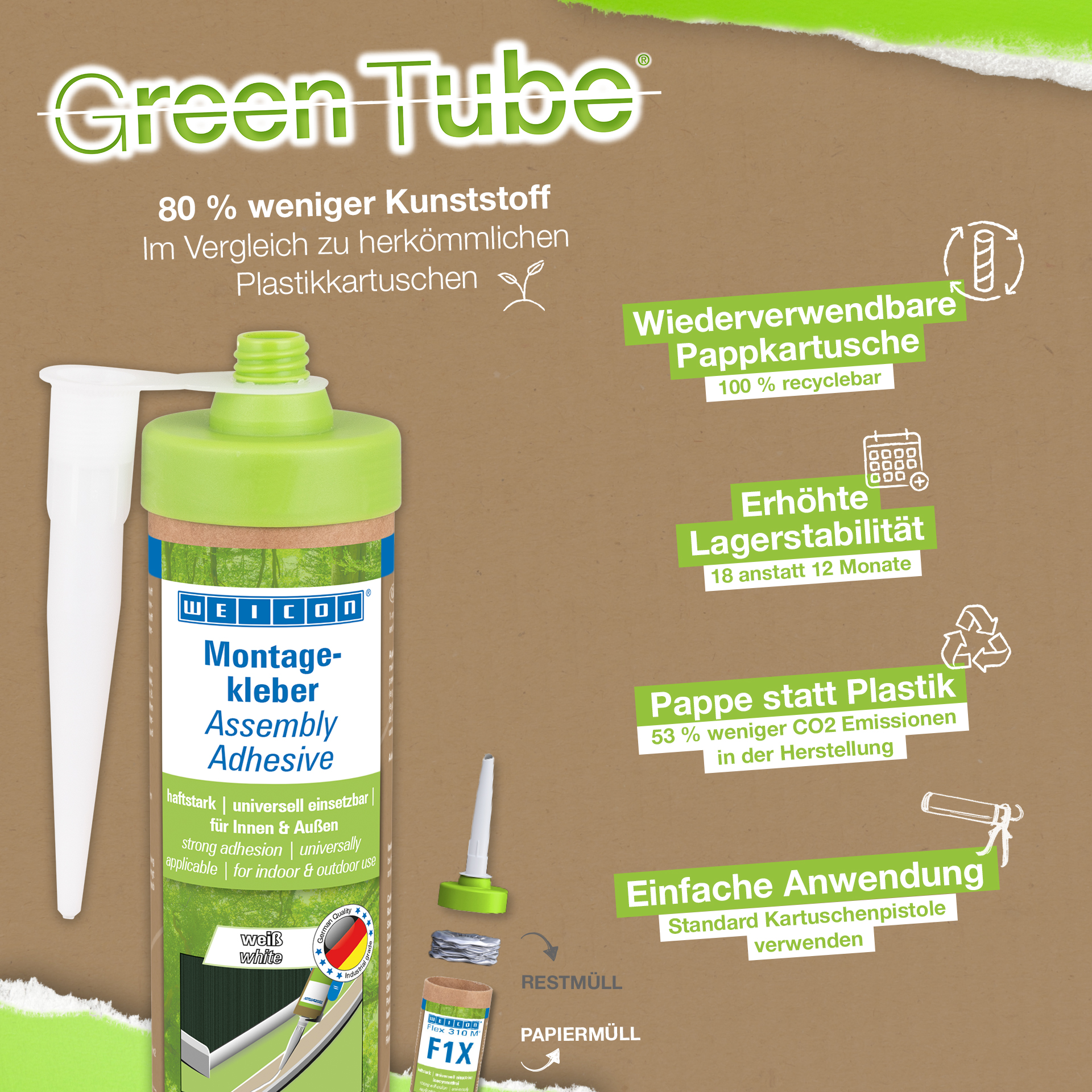 Adesivo de Montagem Green Tube | poderoso adesivo universal para utilização em ambientes interiores e exteriores