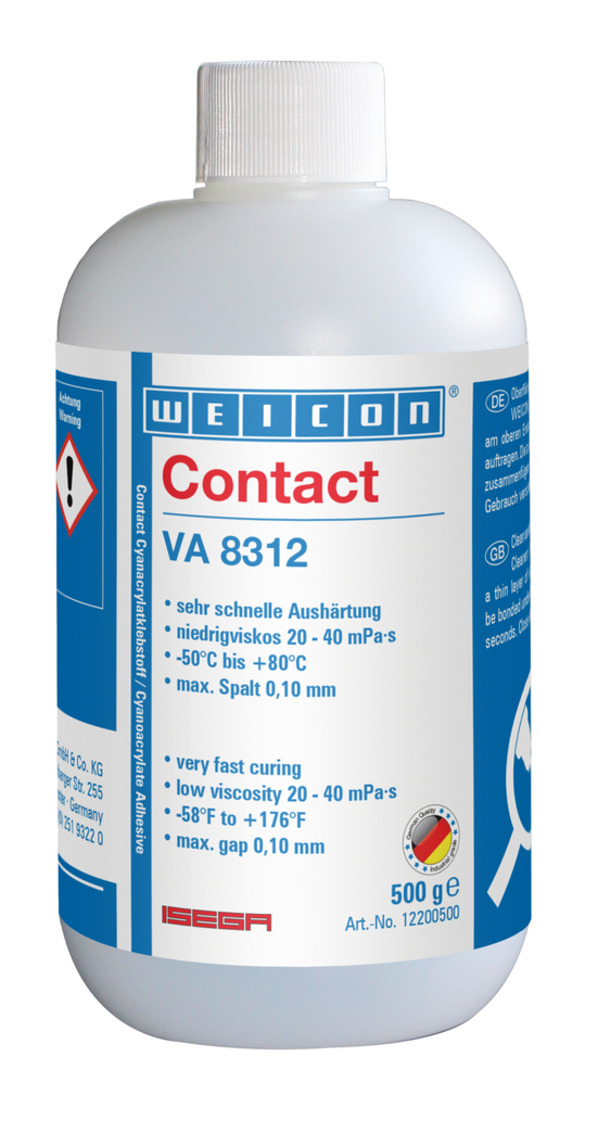 Adesivo Cianoacrilato WEICON Contato VA 8312 | adesivo instantâneo para o plástico e a borracha, com certificado para o setor alimentar