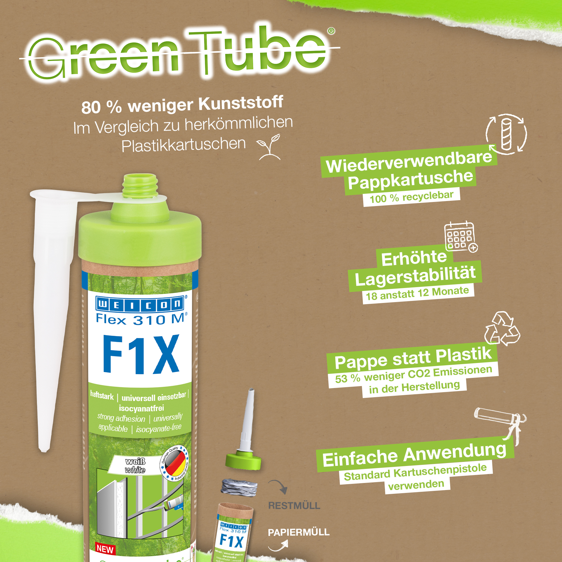 Flex 310 M® F1X Green Tube | Adesivo e vedante à base de polímeros MS com uma aderência inicial muito elevada, resistente a temperaturas até +180°C