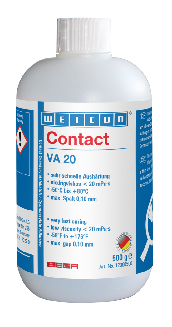 Adesivo Cianoacrilato WEICON Contato VA 20 | adesivo instantâneo para o plástico e a borracha, com certificado para setor alimentar