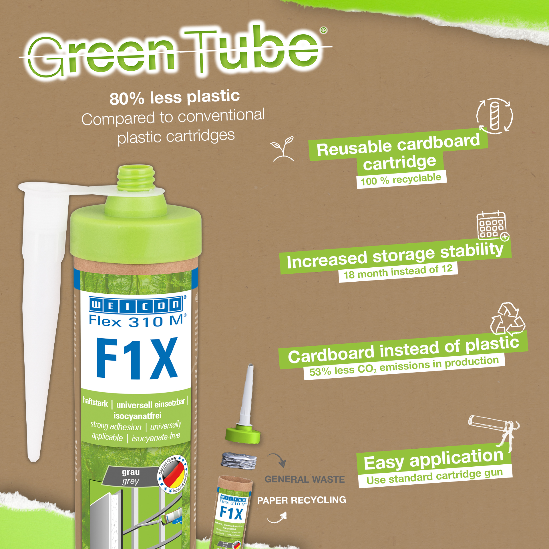Flex 310 M® F1X Green Tube | Adesivo e vedante à base de polímeros MS com uma aderência inicial muito elevada, resistente a temperaturas até +180°C