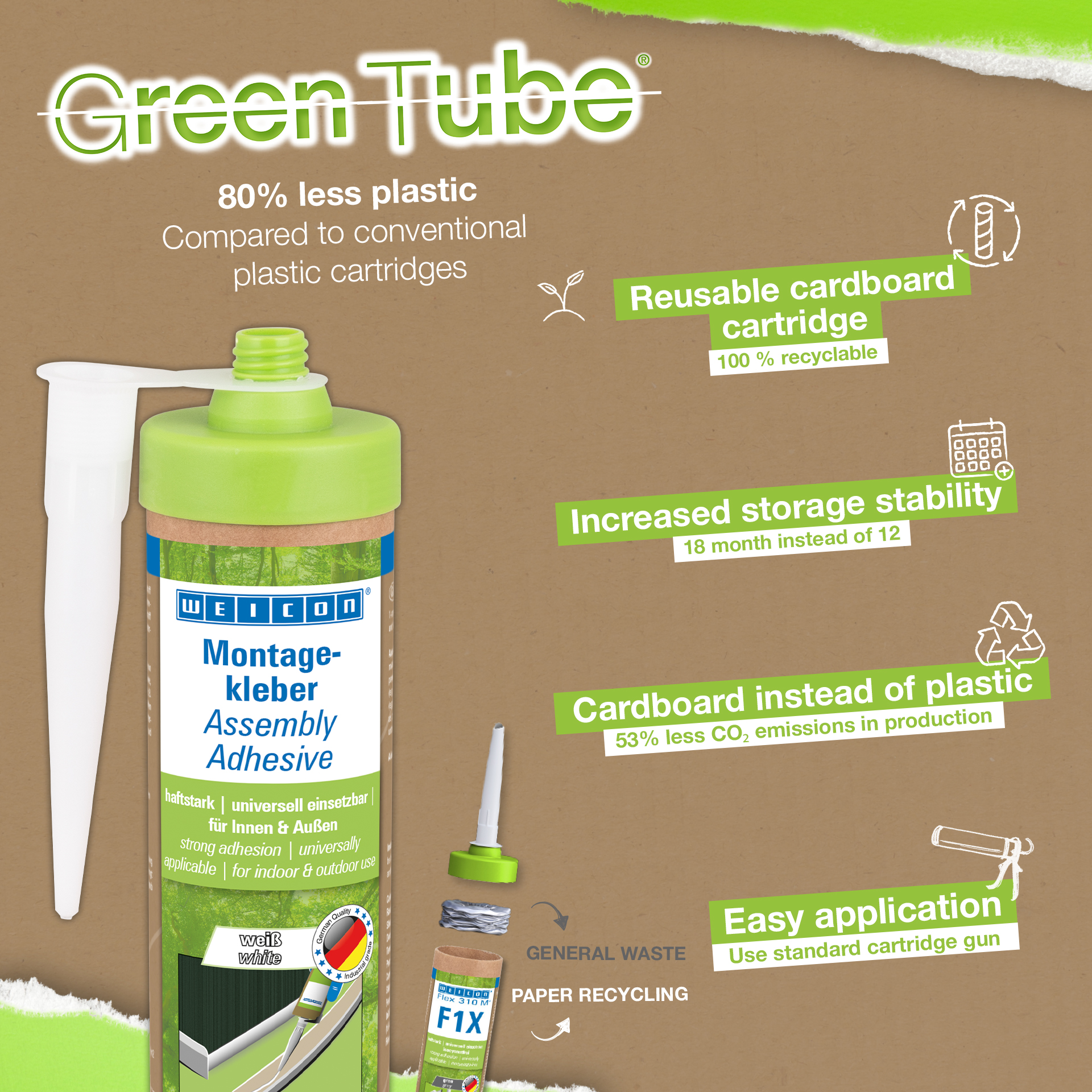 Adesivo de Montagem Green Tube | poderoso adesivo universal para utilização em ambientes interiores e exteriores