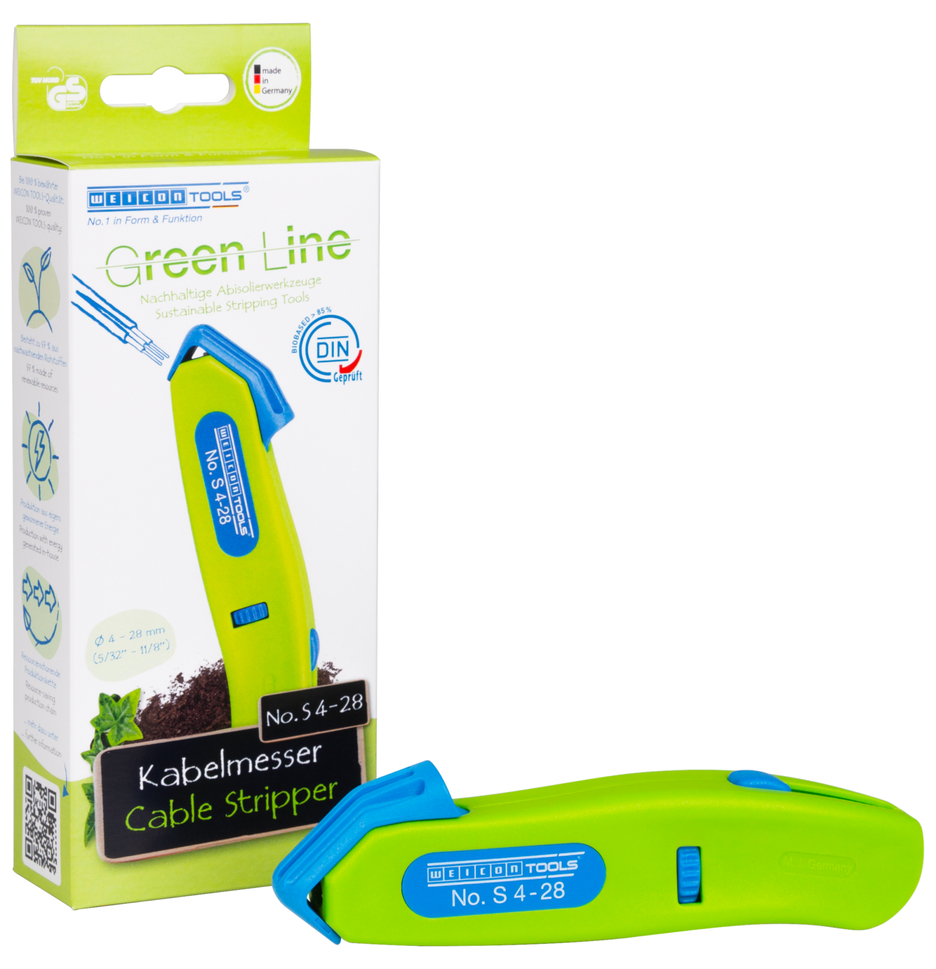 Descarnador de Cabos No. S 4 - 28 Green Line | ferramenta de descarne sustentável I com lâmina retrátil em forma de gancho I diâmetro de trabalho 4 - 28 mm Ø